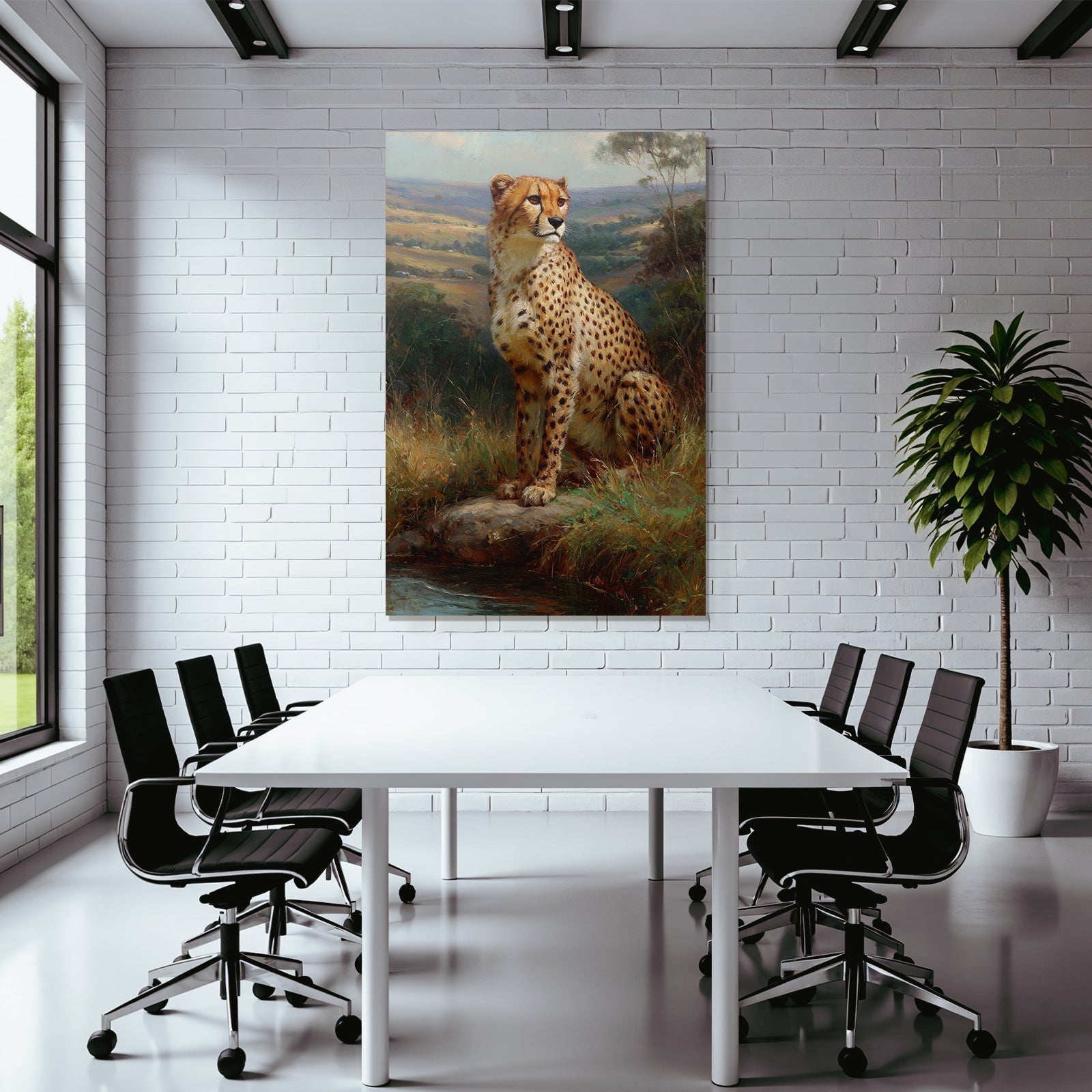Cheetah In Natur Painting Auf Felsen Umgeben Von Gras Und Bewaldung