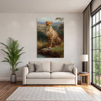 Cheetah In Natur Painting Auf Felsen Umgeben Von Gras Und Bewaldung