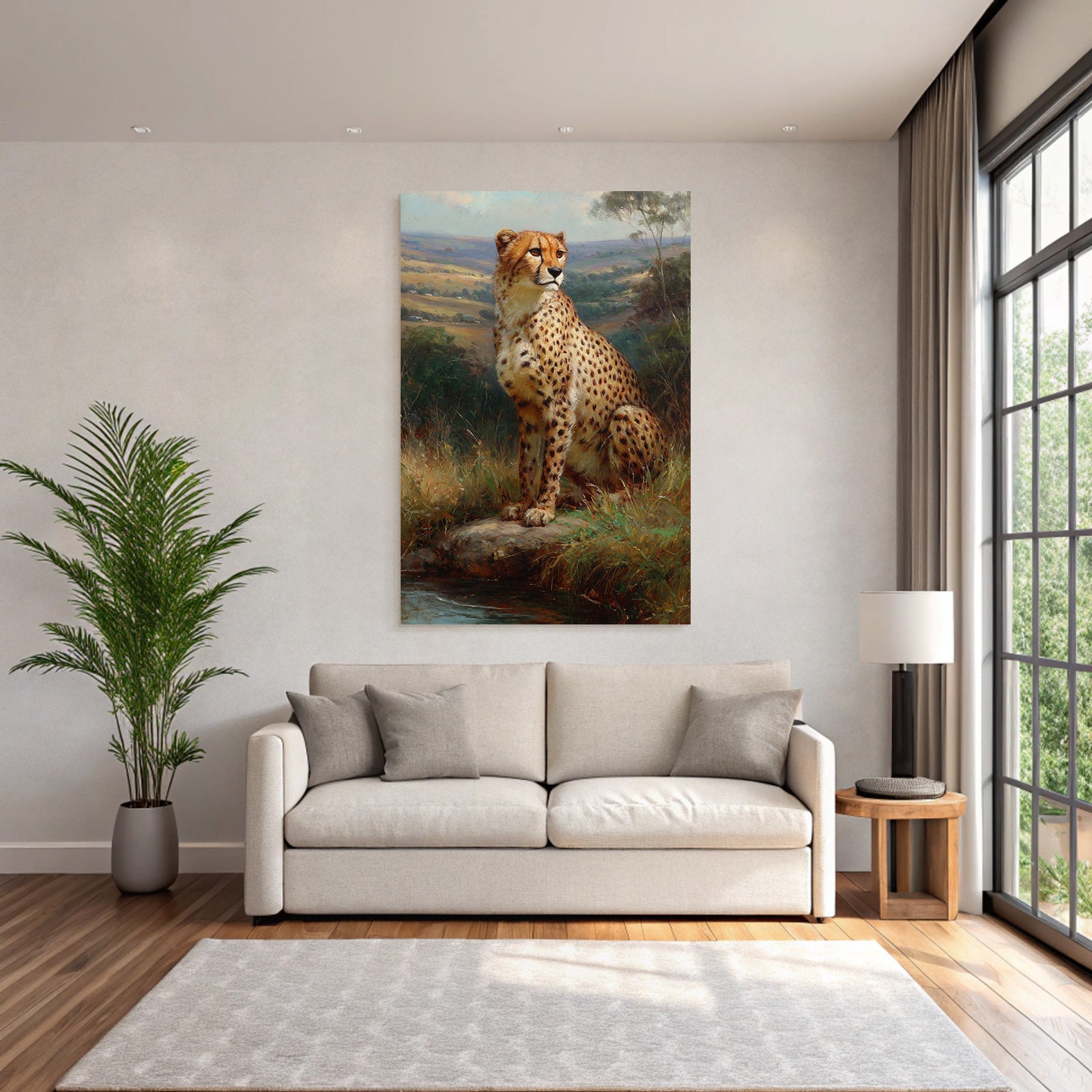 Cheetah In Natur Painting Auf Felsen Umgeben Von Gras Und Bewaldung