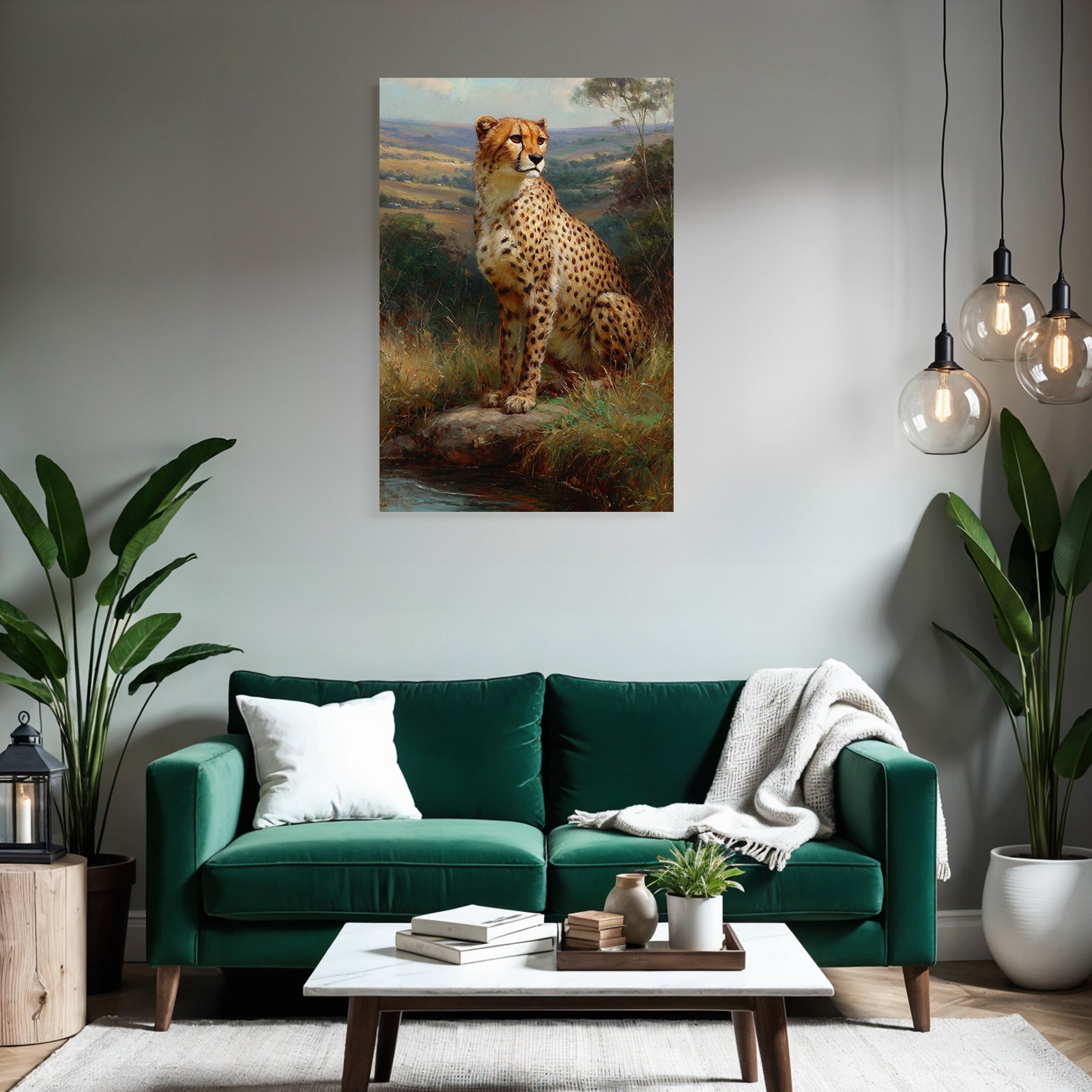 Cheetah In Natur Painting Auf Felsen Umgeben Von Gras Und Bewaldung