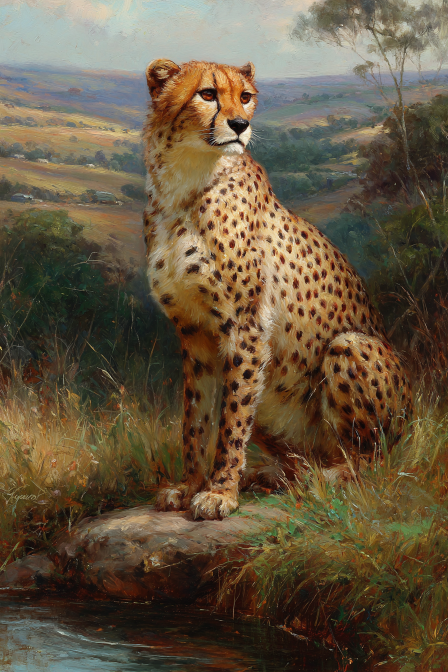 Cheetah In Natur Painting Auf Felsen Umgeben Von Gras Und Bewaldung | Safari und Wildtiere | Tiere