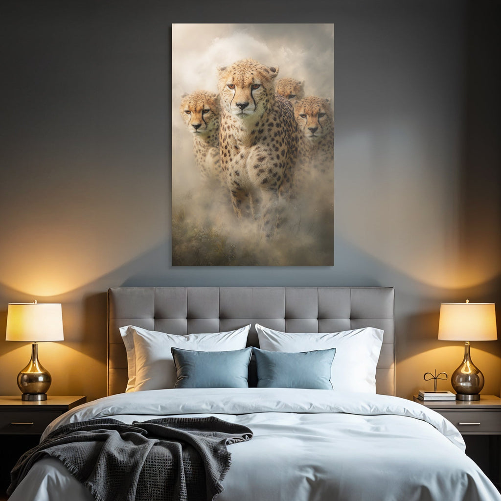 Cheetahs in fog background with intense expression