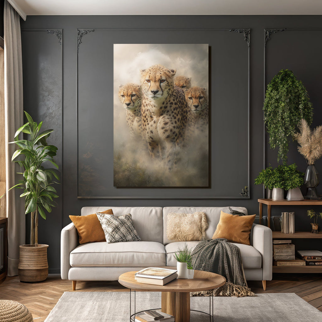 Cheetahs in fog background with intense expression