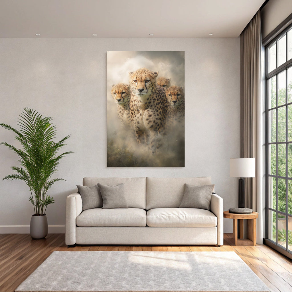 Cheetahs in fog background with intense expression