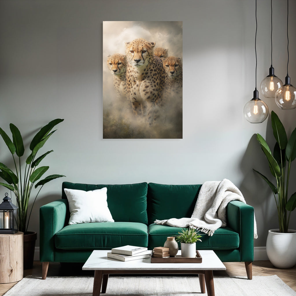 Cheetahs in fog background with intense expression