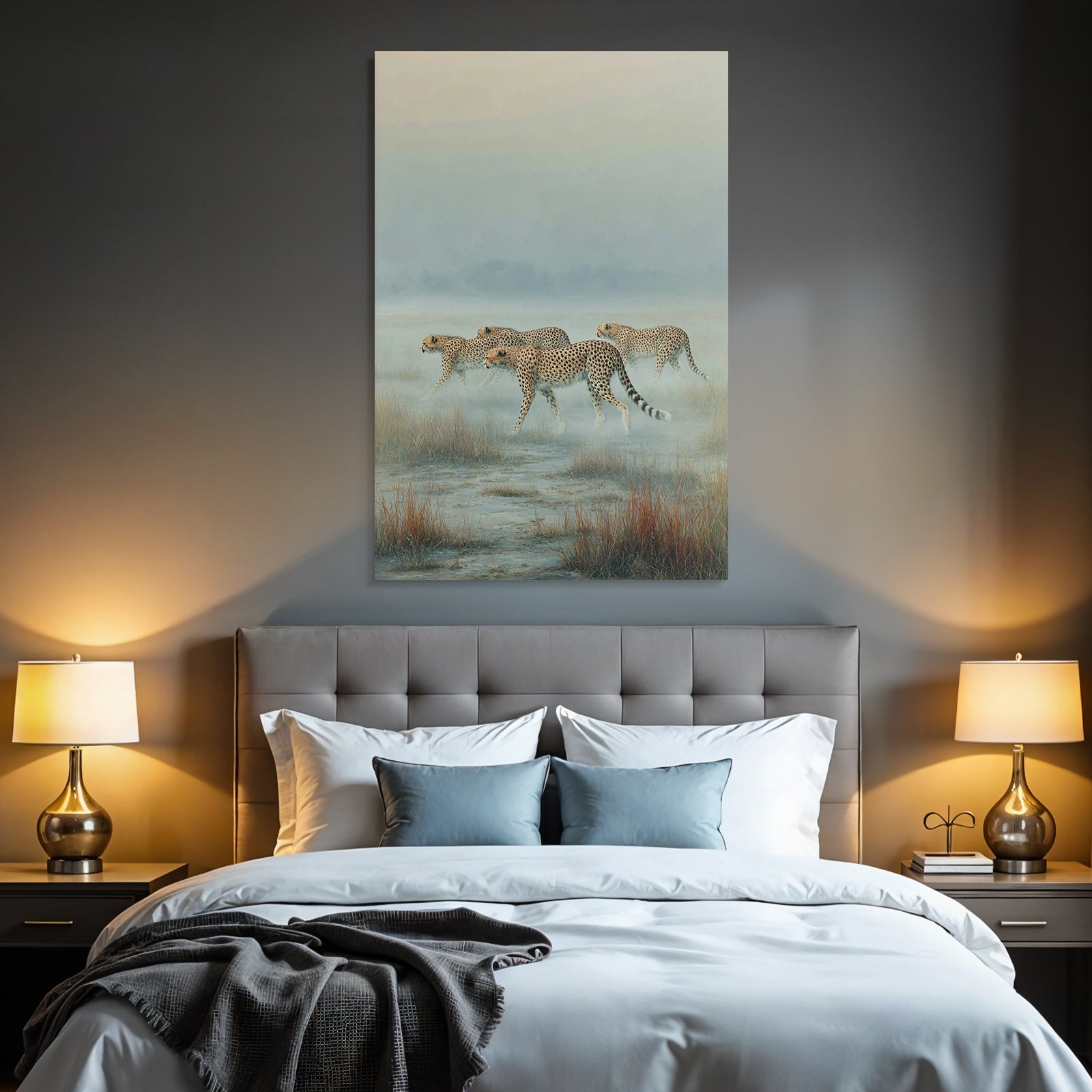 Cheetahs In Misty Landscape Tall Grass Serene Atmosphere