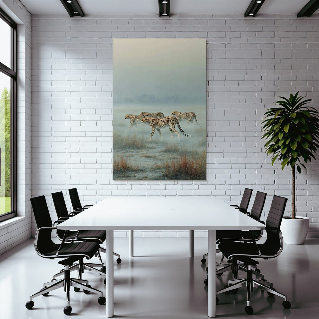 Cheetahs In Misty Landscape Tall Grass Serene Atmosphere