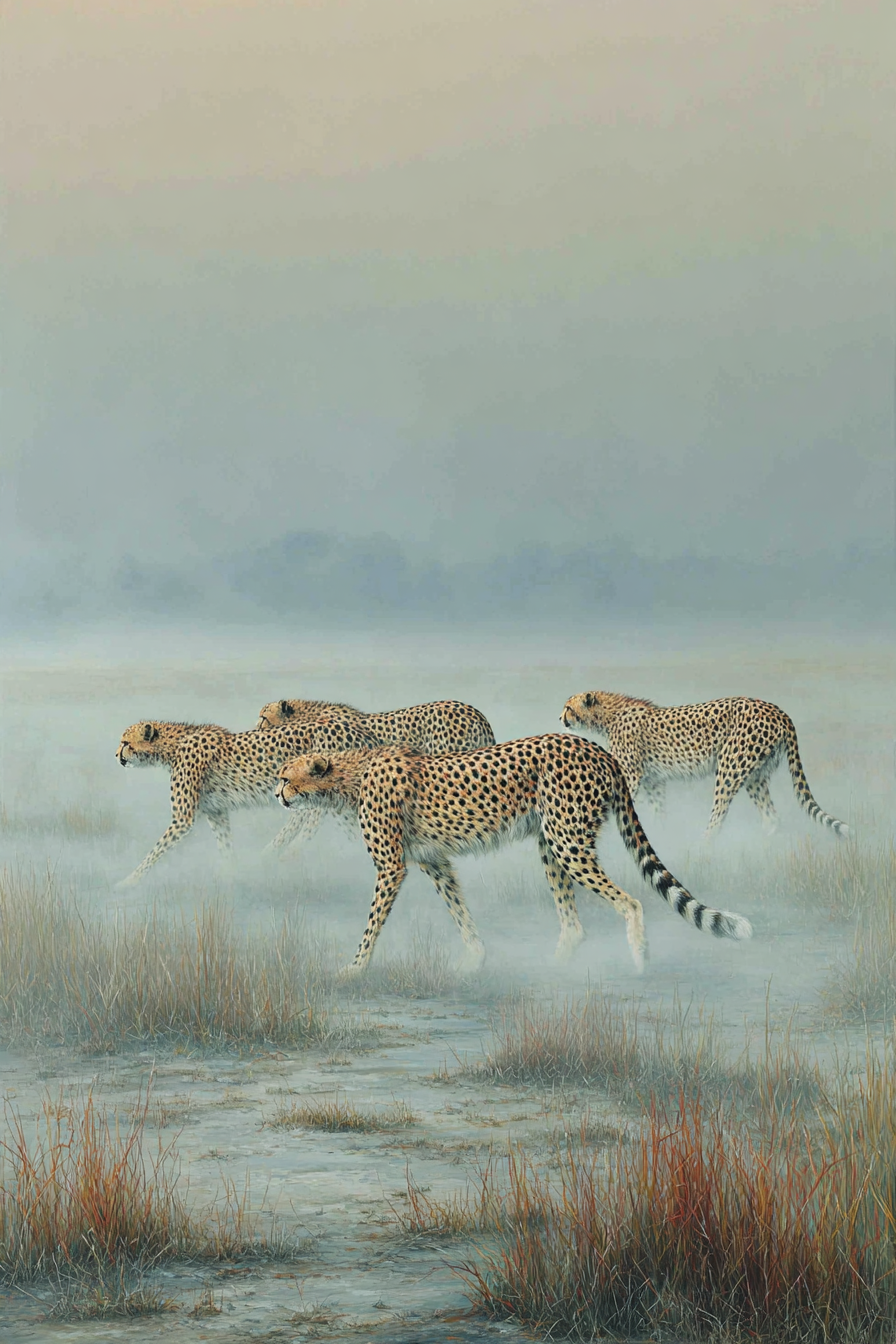 Cheetahs In Misty Landscape Tall Grass Serene Atmosphere | Safari und Wildtiere | Tiere