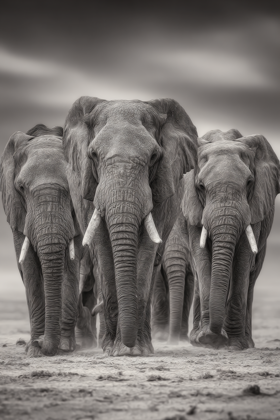 Drei Elephanten Monochrom Im Natürlichen Lebensraum | Safari und Wildtiere | Tiere