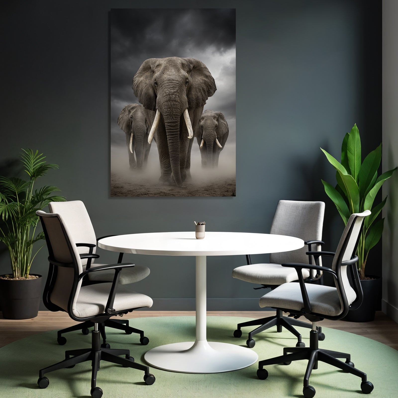 Drei Elephanten Vor Dramatischem Wolkenhimmel Mit Dust Und Mist