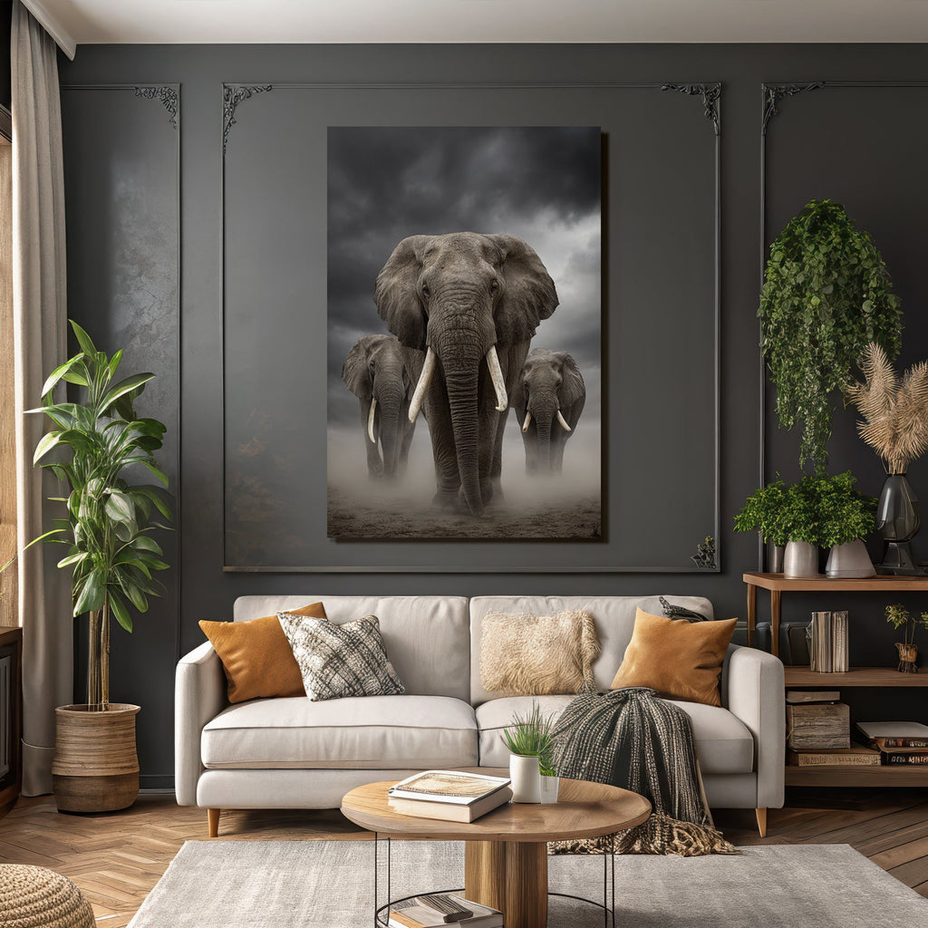 Drei Elephanten Vor Dramatischem Wolkenhimmel Mit Dust Und Mist