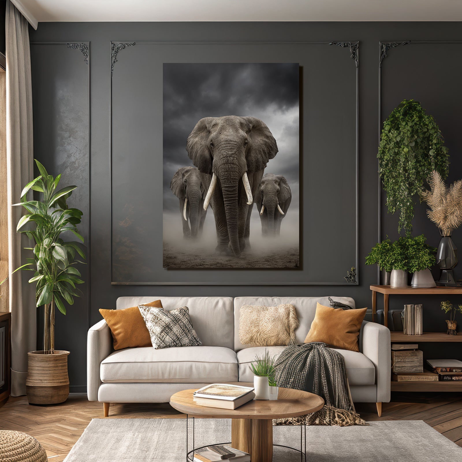 Drei Elephanten Vor Dramatischem Wolkenhimmel Mit Dust Und Mist