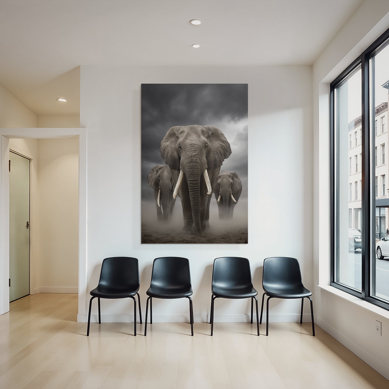 Drei Elephanten Vor Dramatischem Wolkenhimmel Mit Dust Und Mist