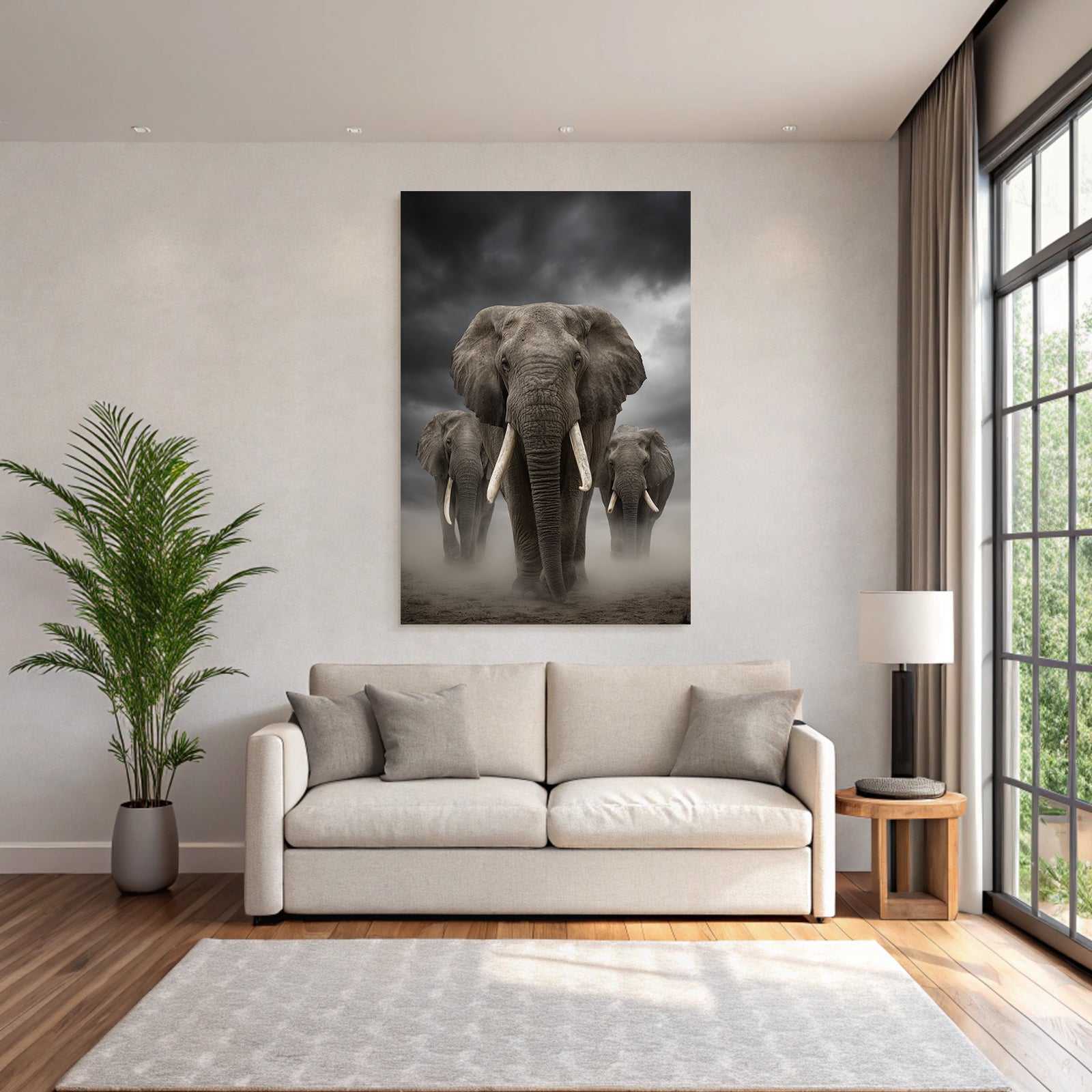 Drei Elephanten Vor Dramatischem Wolkenhimmel Mit Dust Und Mist