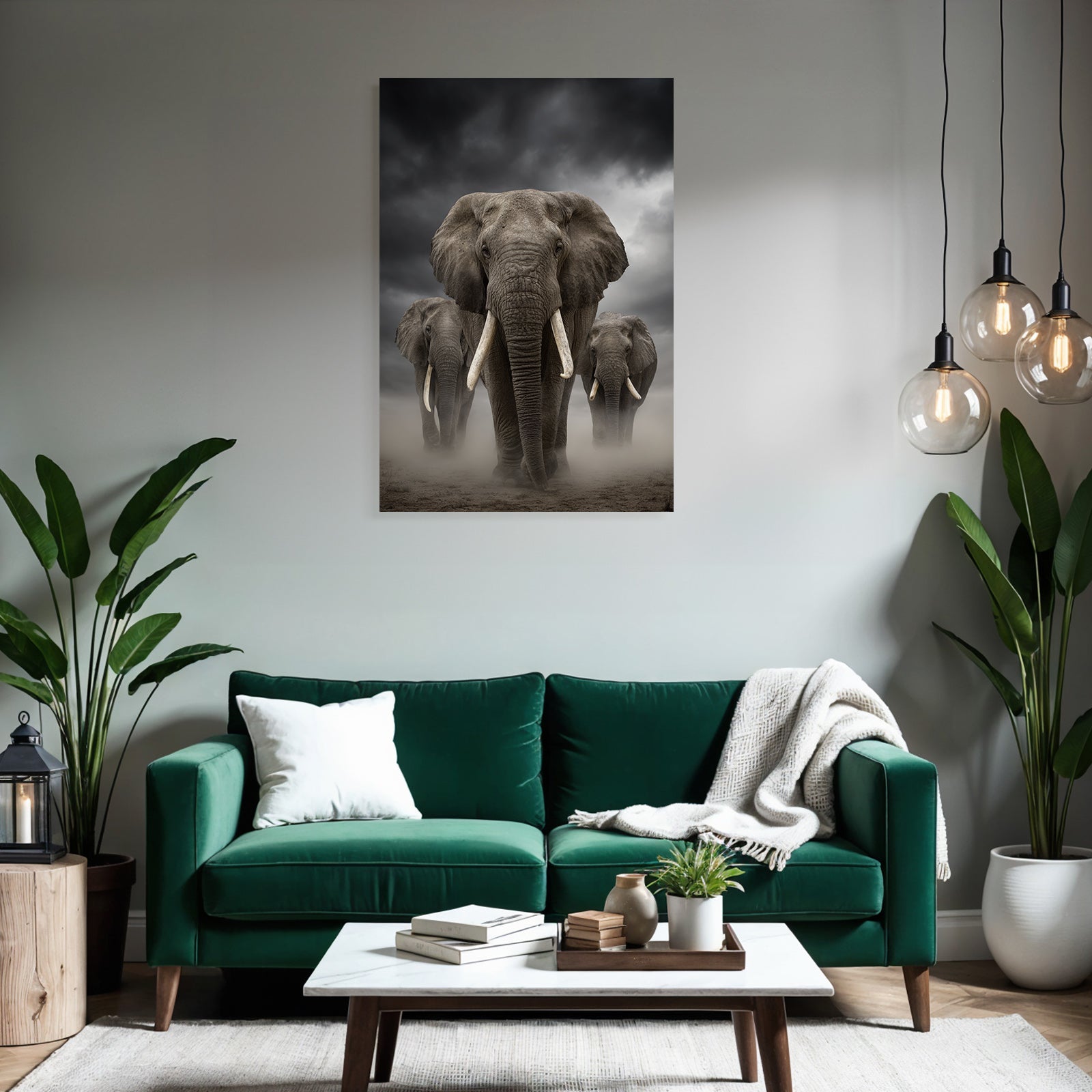 Drei Elephanten Vor Dramatischem Wolkenhimmel Mit Dust Und Mist
