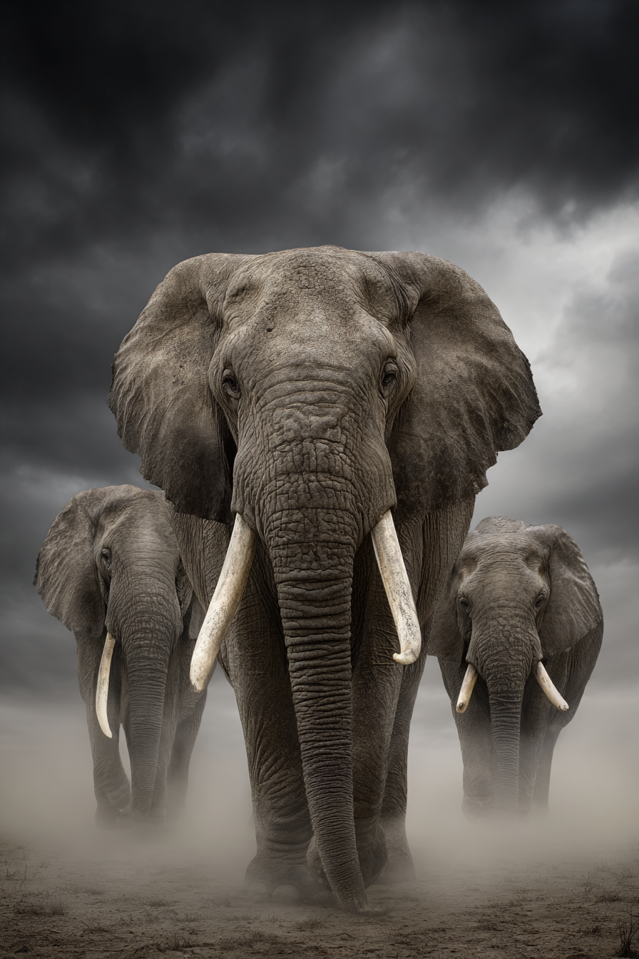 Drei Elephanten Vor Dramatischem Wolkenhimmel Mit Dust Und Mist | Safari und Wildtiere | Tiere