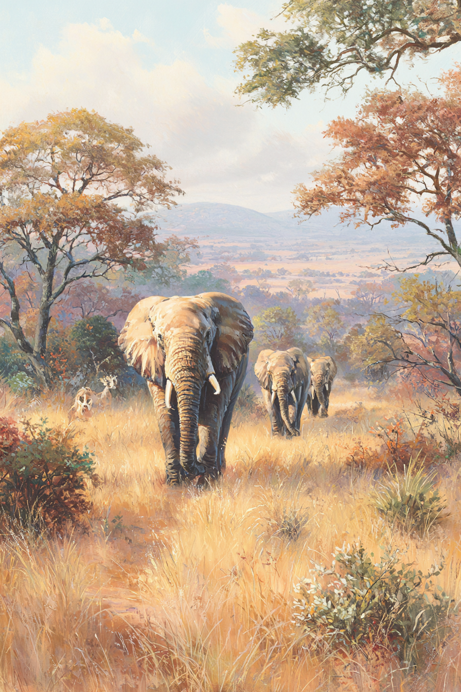 Elefanten Im Herbst In Einer Wildnislandschaft | Safari und Wildtiere | Tiere