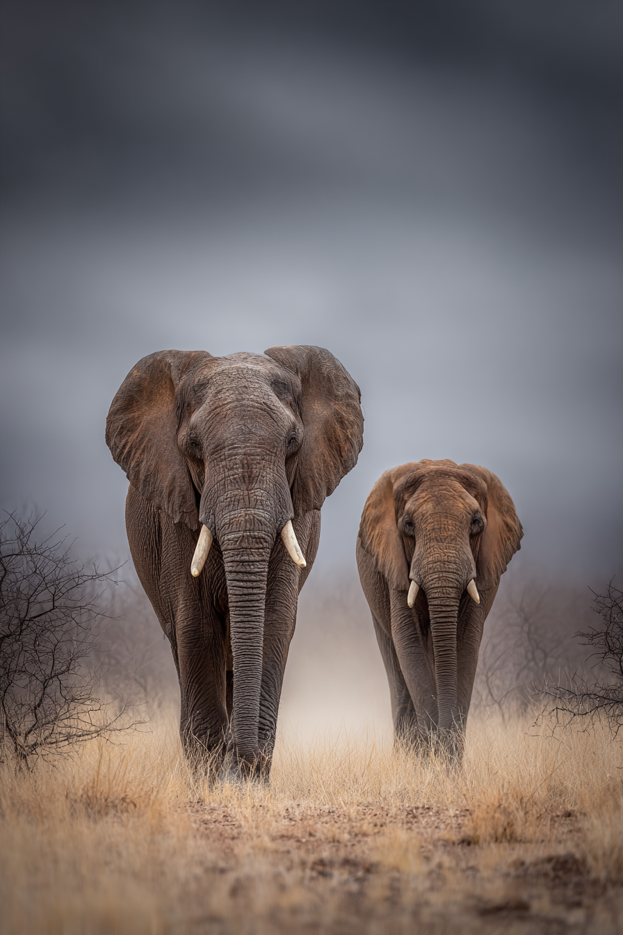 Elefanten Im Natur Mit Dramatischem Hintergrund Und Trockenem Gras | Safari und Wildtiere | Tiere