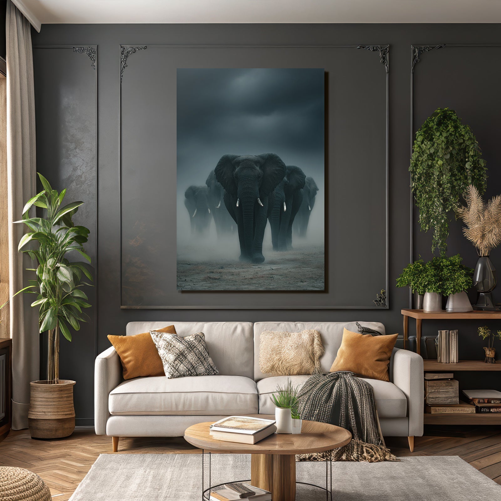 Elefanten Im Nebelhafte Landschaft Wildernis