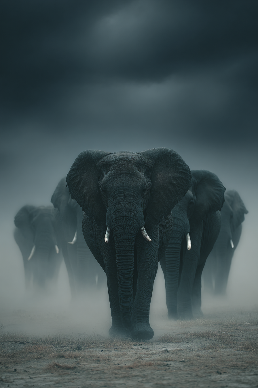 Elefanten Im Nebelhafte Landschaft Wildernis | Safari und Wildtiere | Tiere