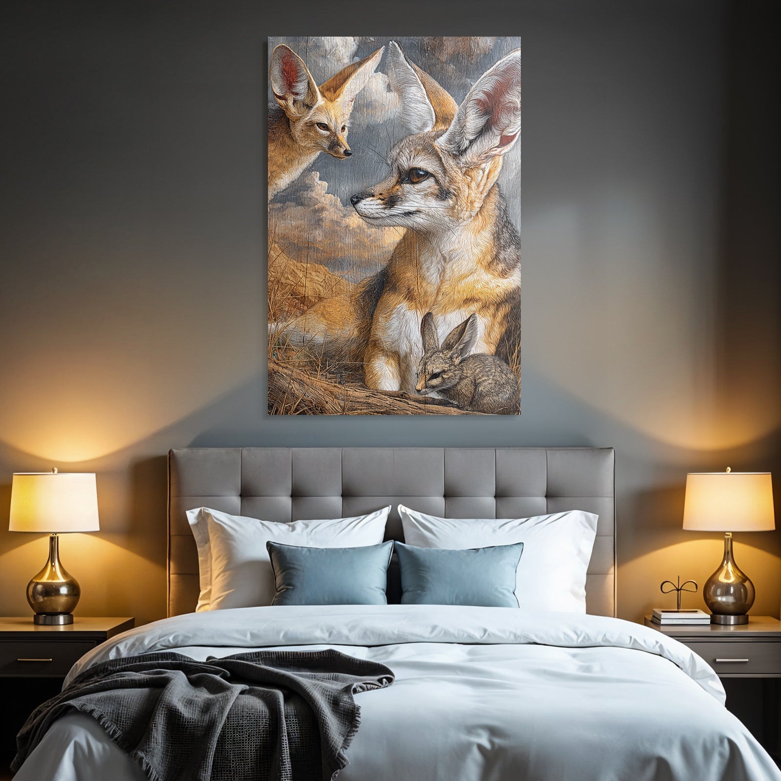 Fennec Foxes In Natural Setting Mit Wolken Und Gras