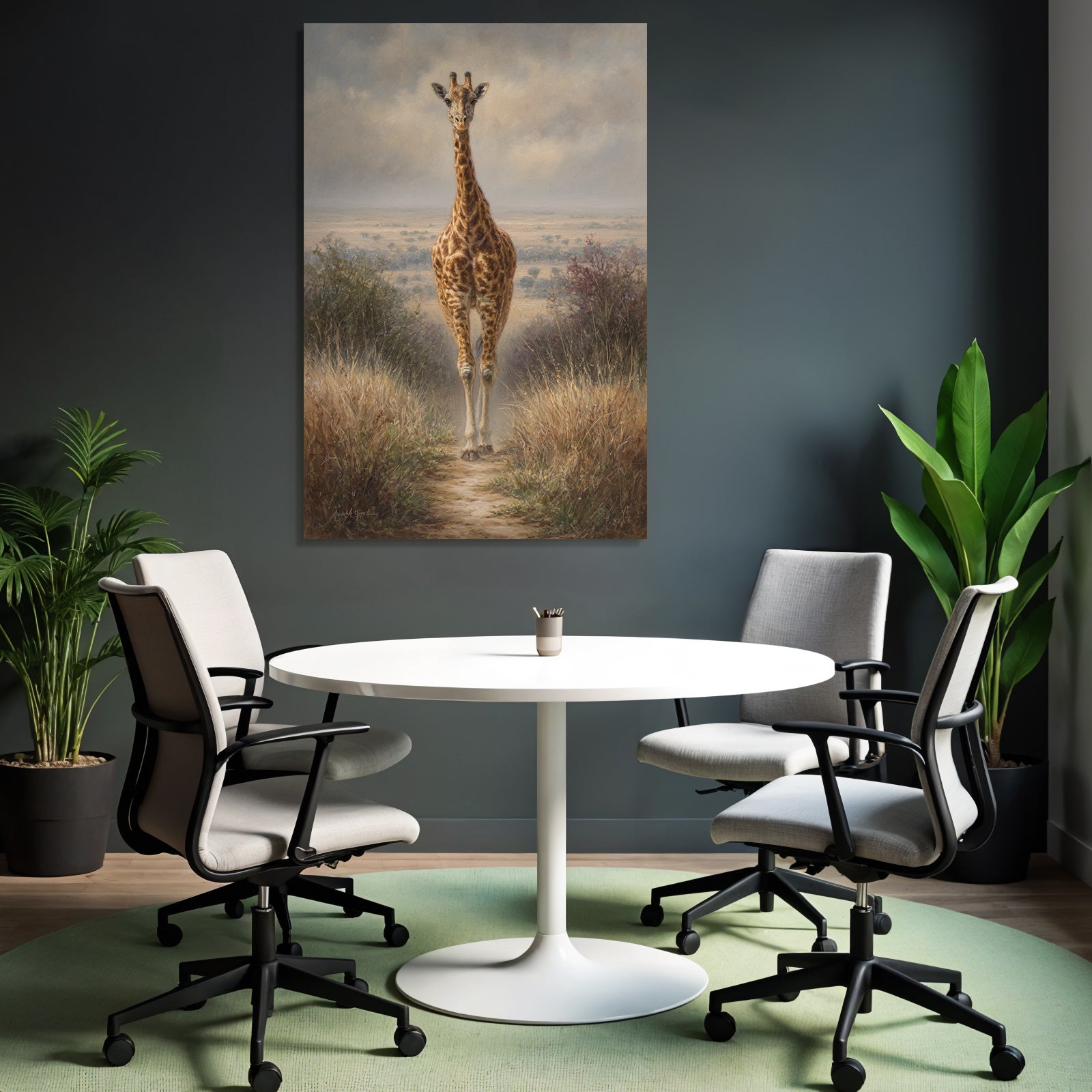 Giraffe Auf Dem Weg Umgeben Von Gras Und Büschen Unter Einem Bewölkten Himmel