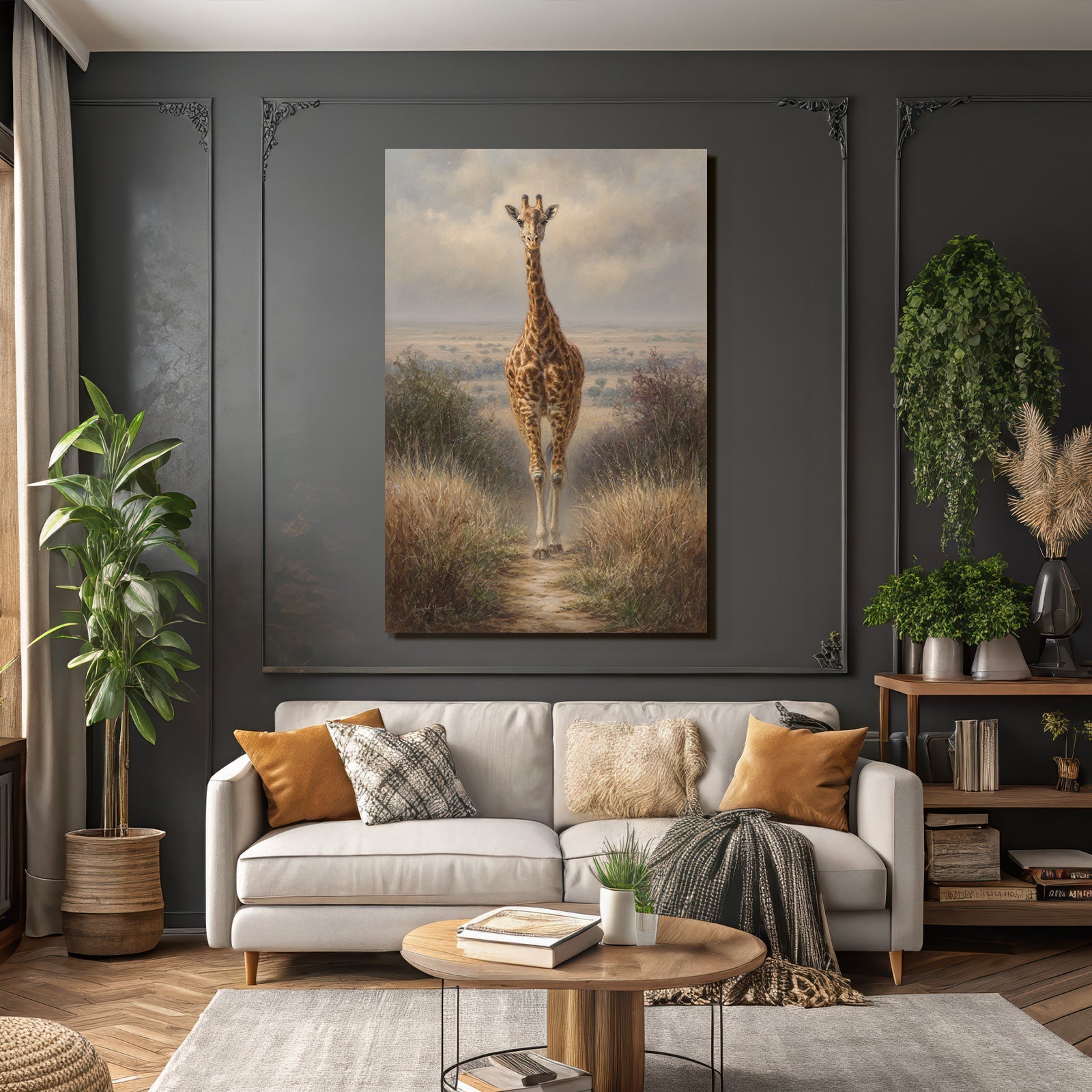 Giraffe Auf Dem Weg Umgeben Von Gras Und Büschen Unter Einem Bewölkten Himmel
