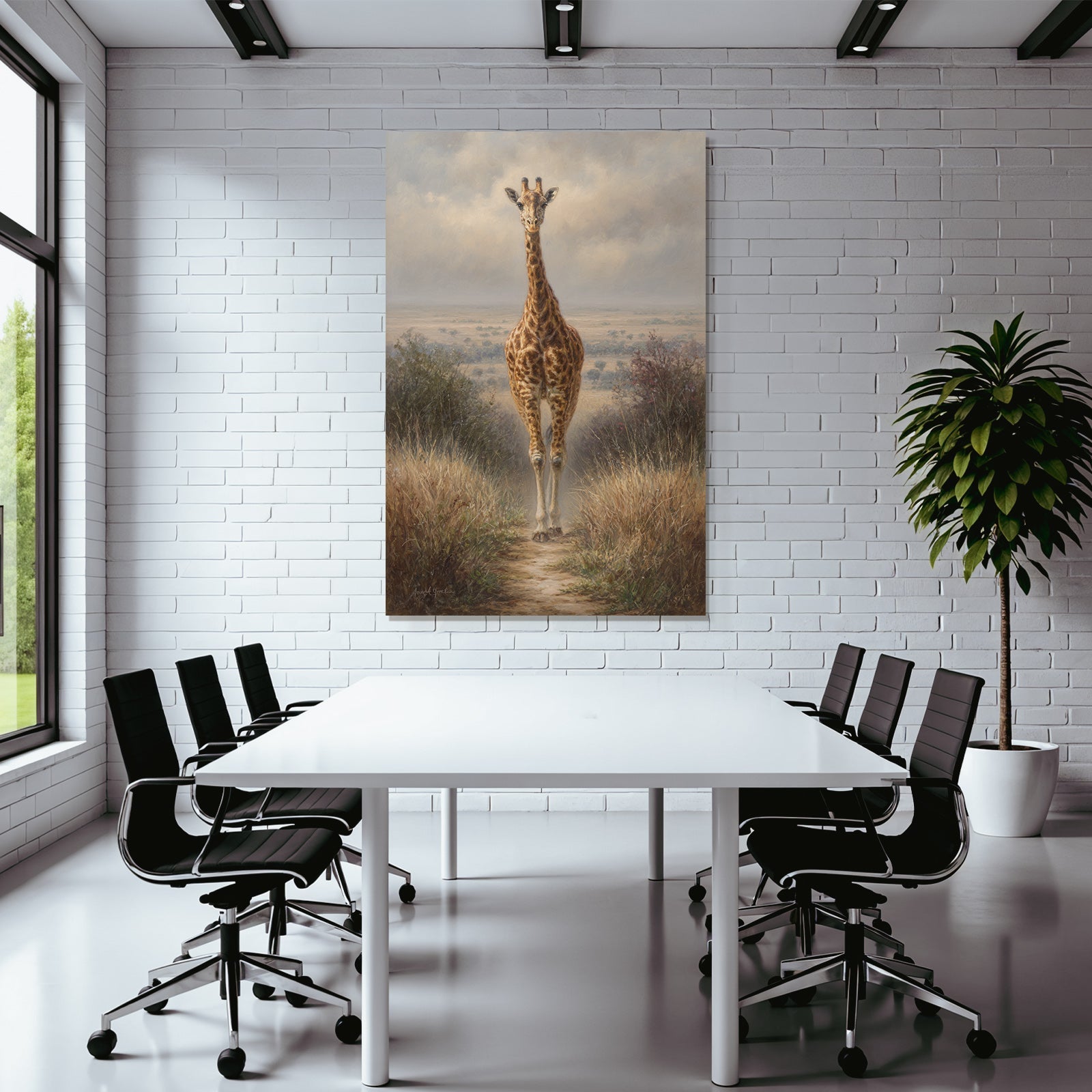 Giraffe Auf Dem Weg Umgeben Von Gras Und Büschen Unter Einem Bewölkten Himmel