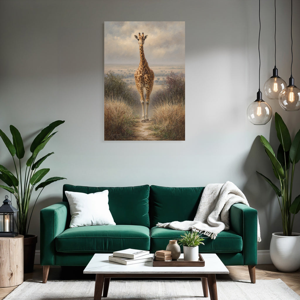 Giraffe Auf Dem Weg Umgeben Von Gras Und Büschen Unter Einem Bewölkten Himmel