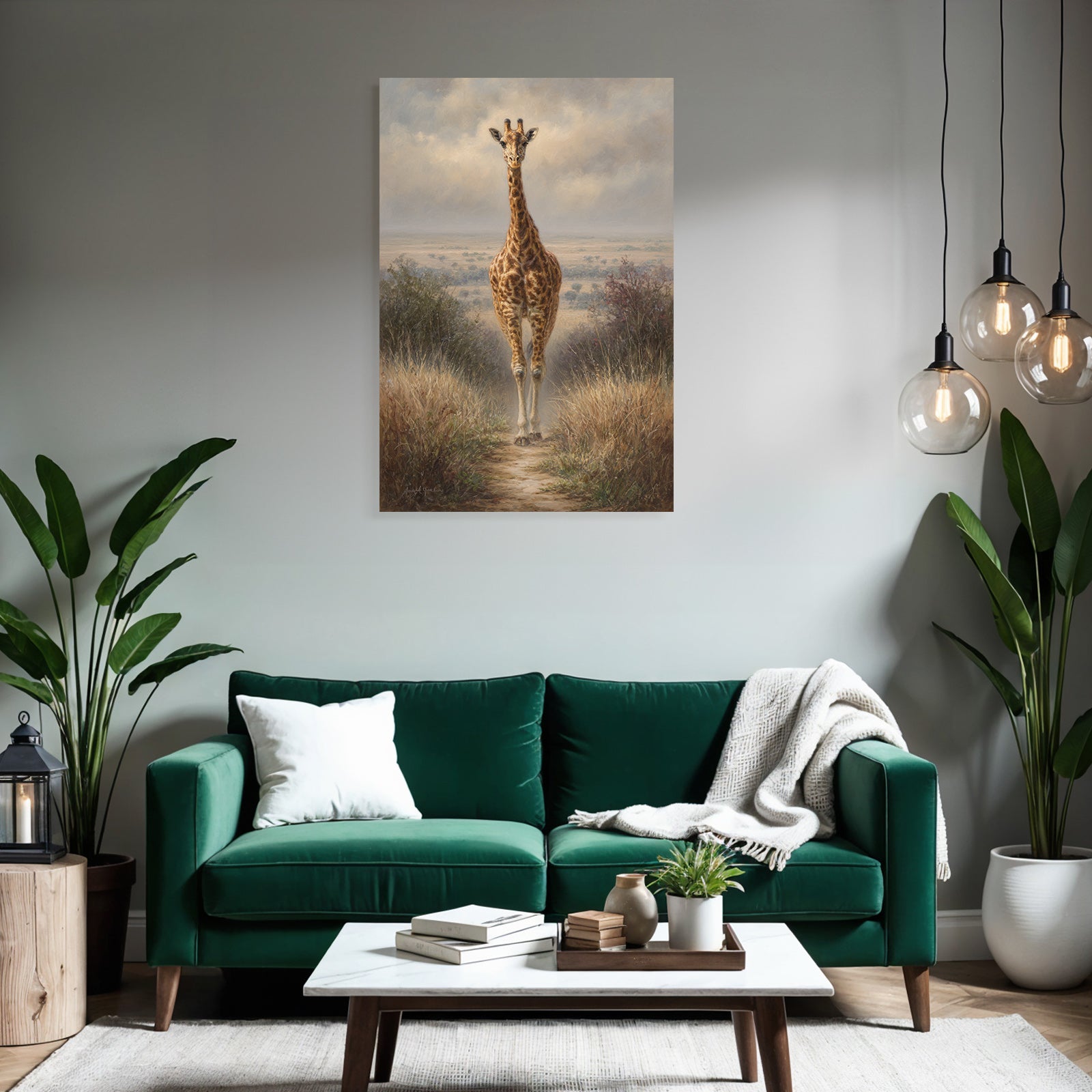 Giraffe Auf Dem Weg Umgeben Von Gras Und Büschen Unter Einem Bewölkten Himmel