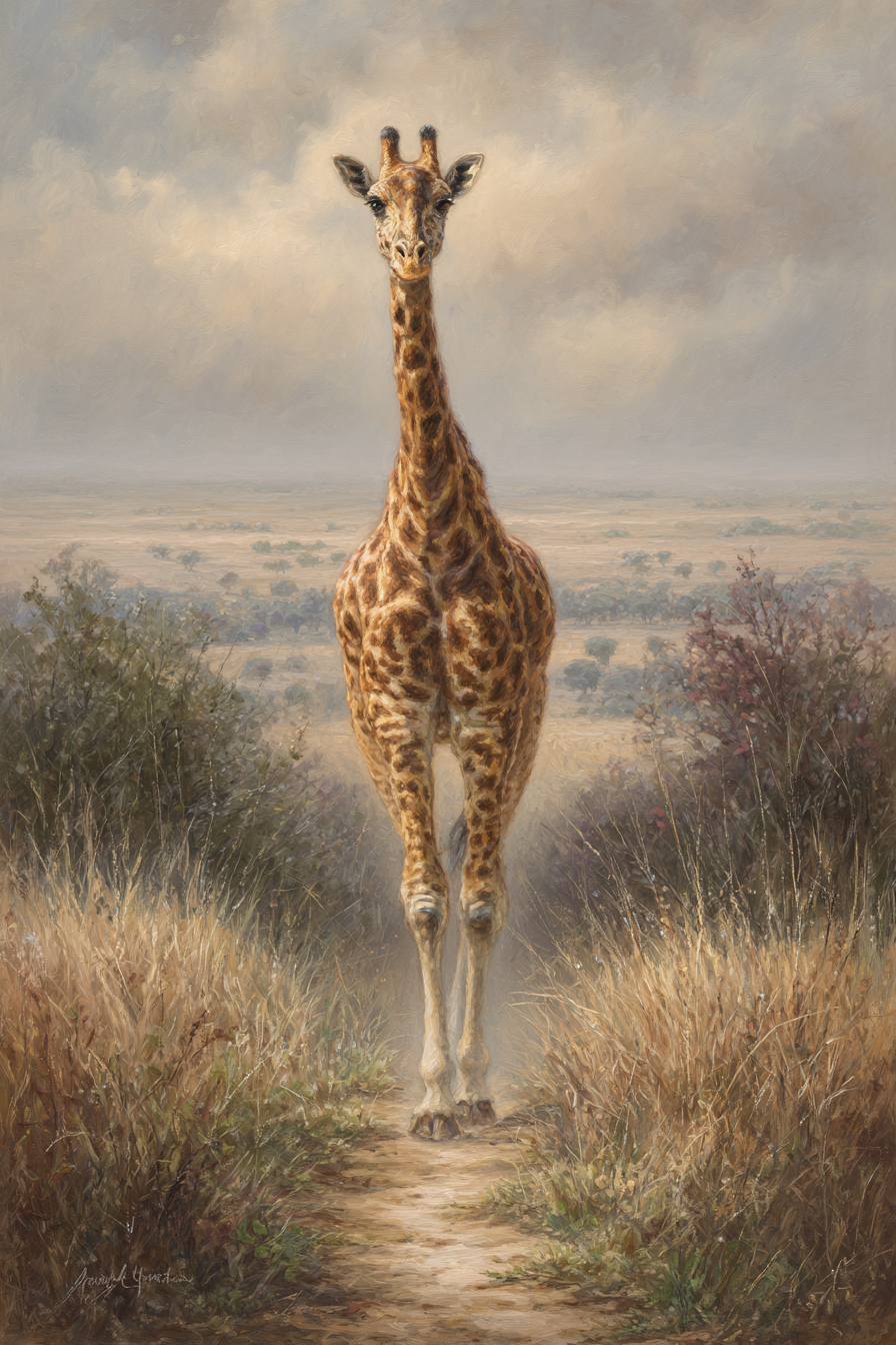 Giraffe Auf Dem Weg Umgeben Von Gras Und Büschen Unter Einem Bewölkten Himmel | Safari und Wildtiere | Tiere