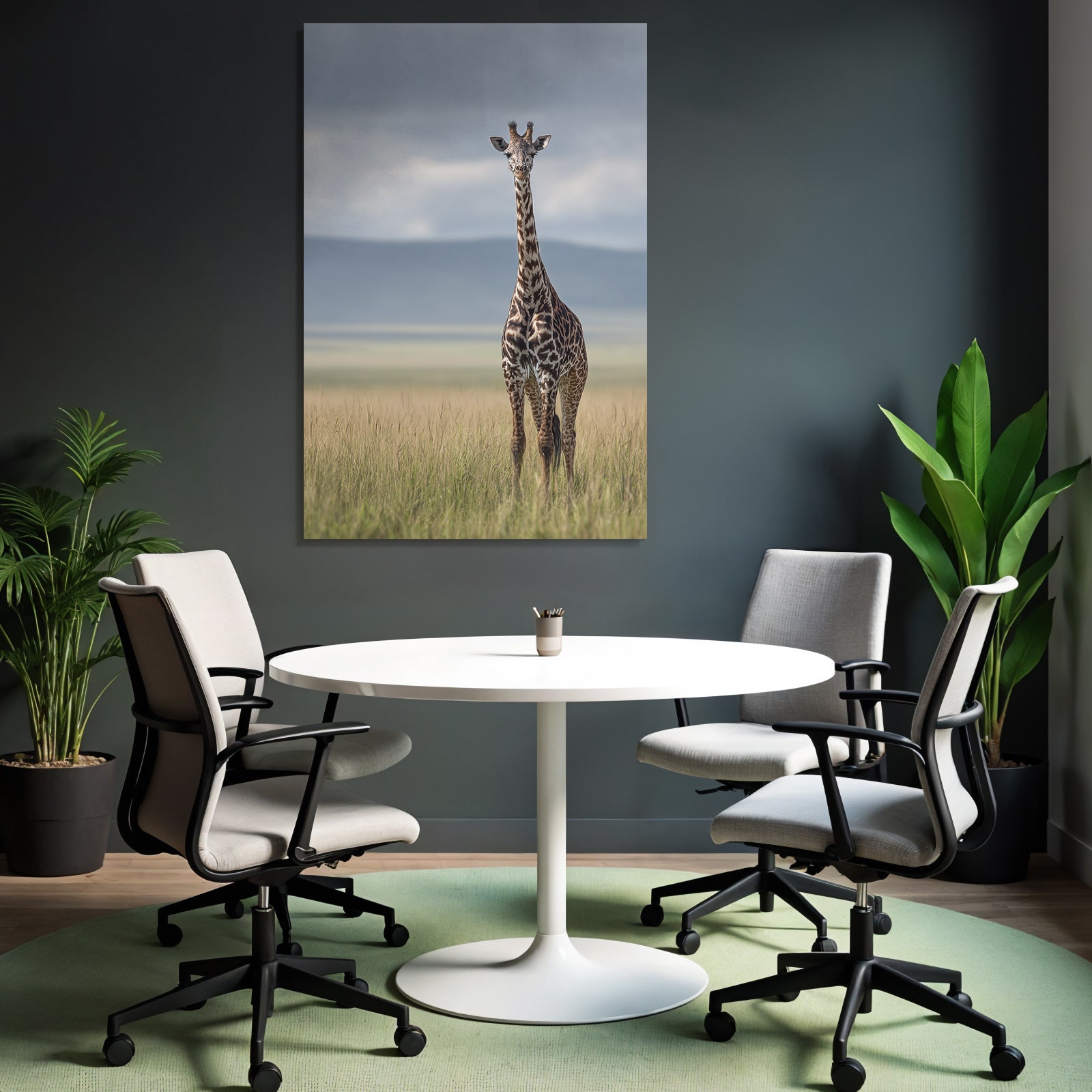 Giraffe Im Grünen Feld Mit Unscharfem Hintergrund