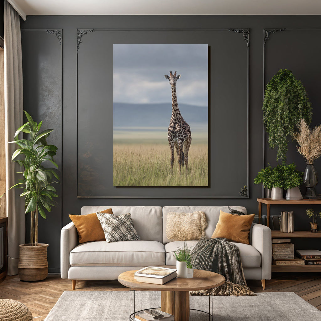 Giraffe Im Grünen Feld Mit Unscharfem Hintergrund