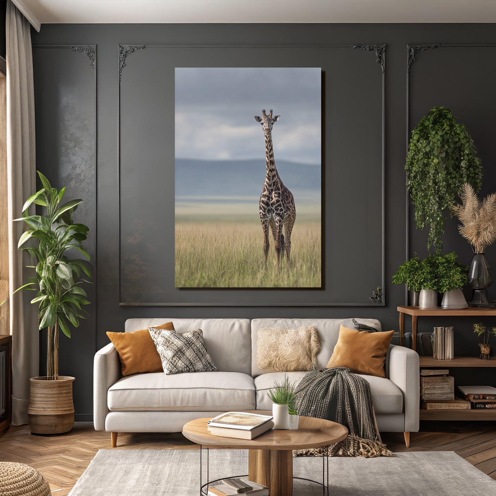 Giraffe Im Grünen Feld Mit Unscharfem Hintergrund