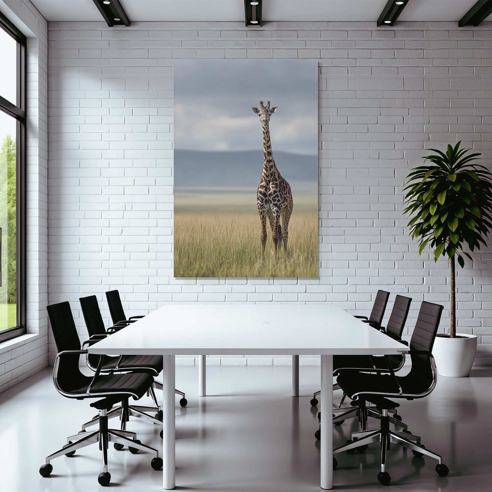 Giraffe Im Grünen Feld Mit Unscharfem Hintergrund
