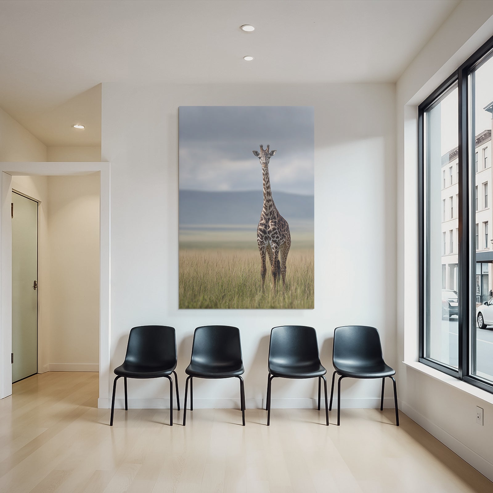 Giraffe Im Grünen Feld Mit Unscharfem Hintergrund