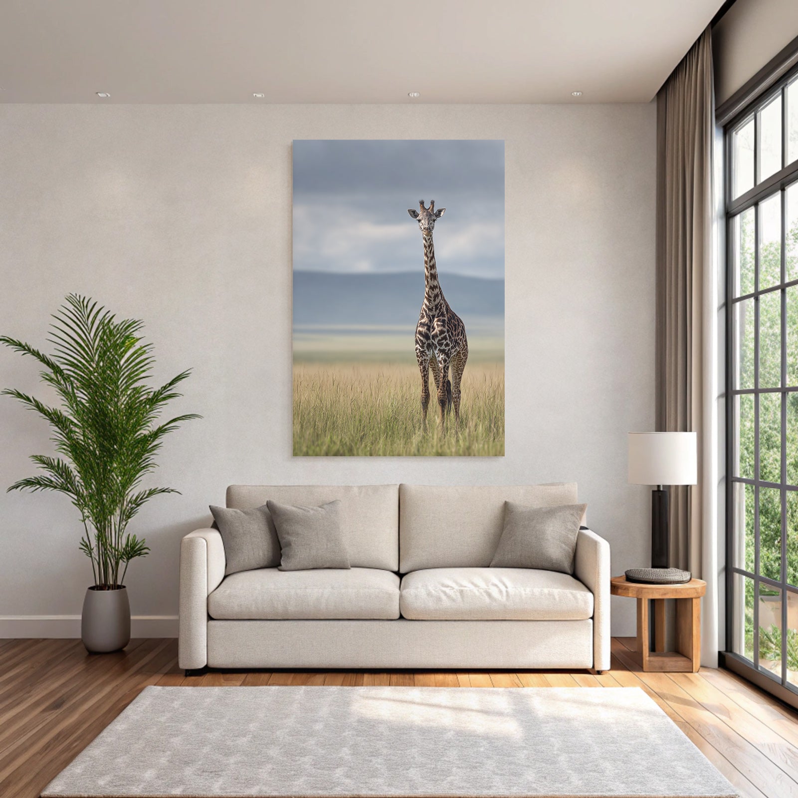 Giraffe Im Grünen Feld Mit Unscharfem Hintergrund