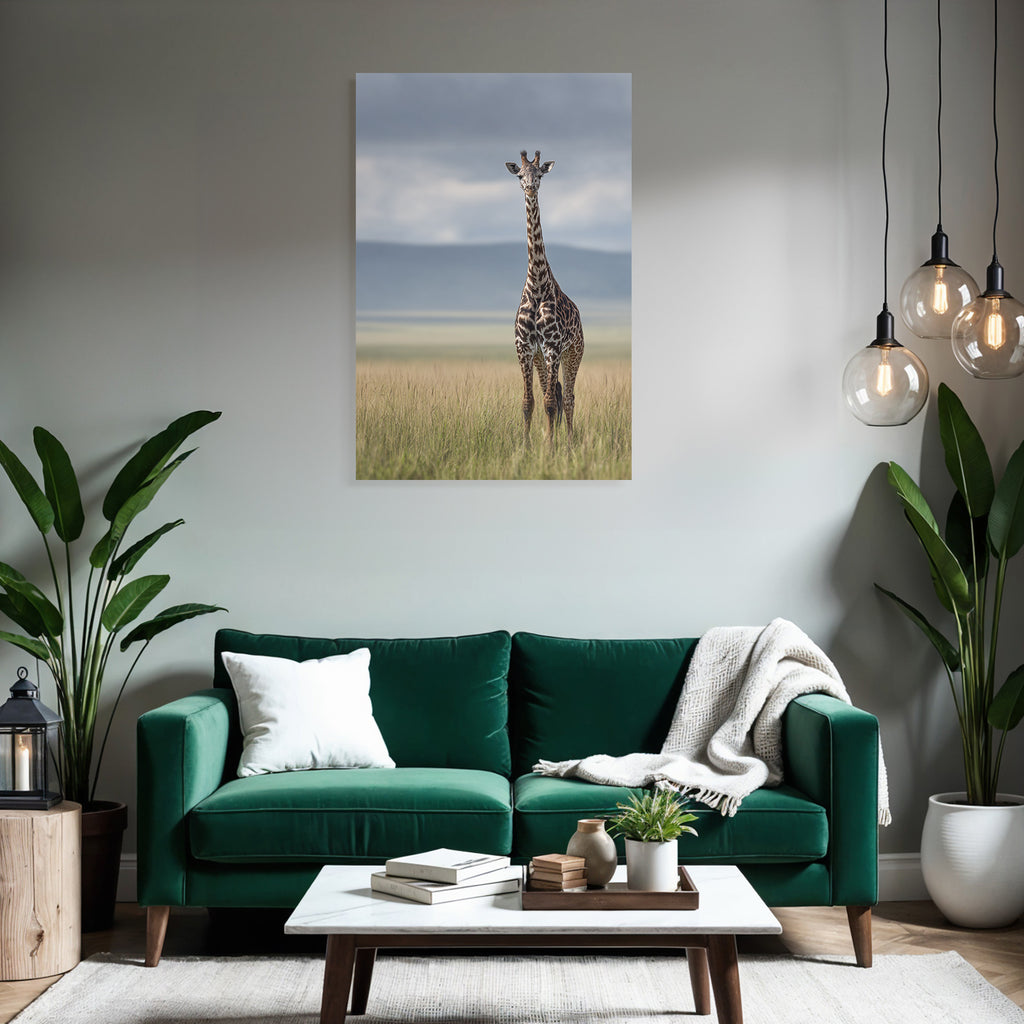 Giraffe Im Grünen Feld Mit Unscharfem Hintergrund