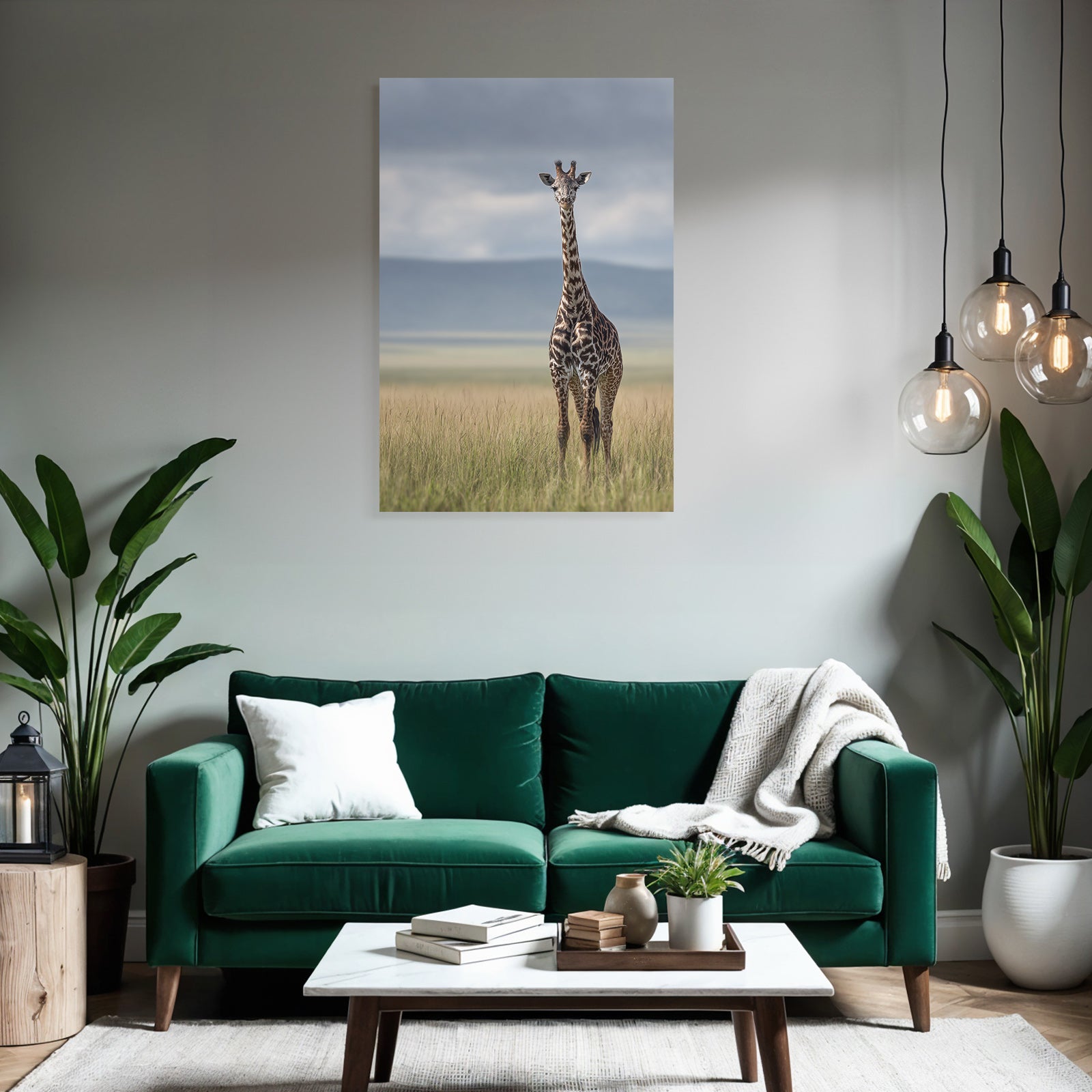 Giraffe Im Grünen Feld Mit Unscharfem Hintergrund