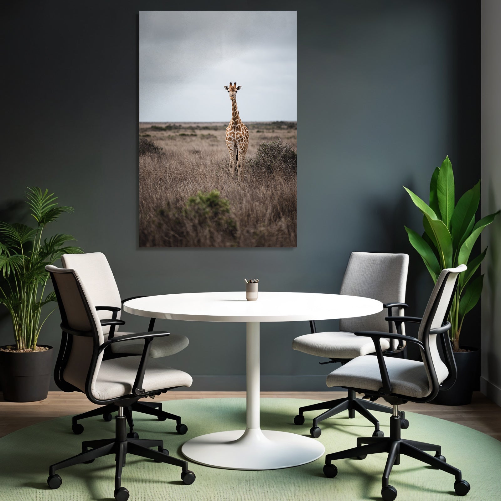 Giraffe Im Grünen Mit Sträuchern Unter Einem Beerigen Himmel