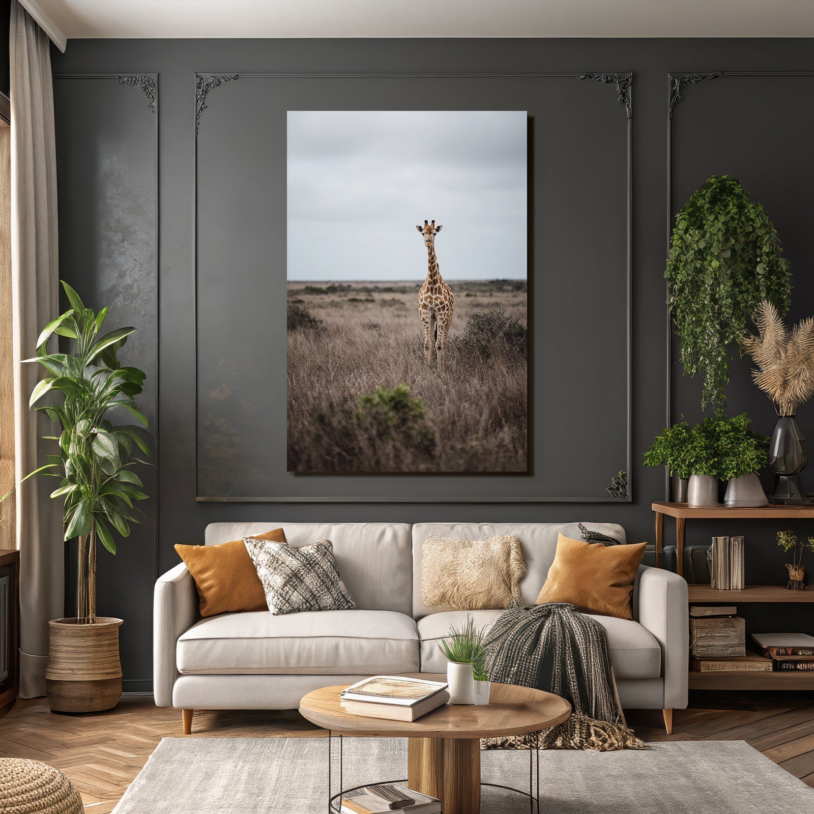 Giraffe Im Grünen Mit Sträuchern Unter Einem Beerigen Himmel