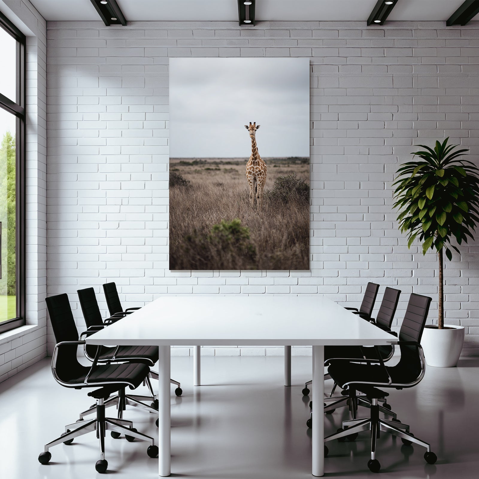 Giraffe Im Grünen Mit Sträuchern Unter Einem Beerigen Himmel