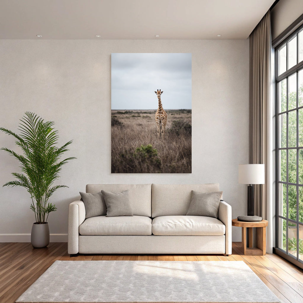 Giraffe Im Grünen Mit Sträuchern Unter Einem Beerigen Himmel