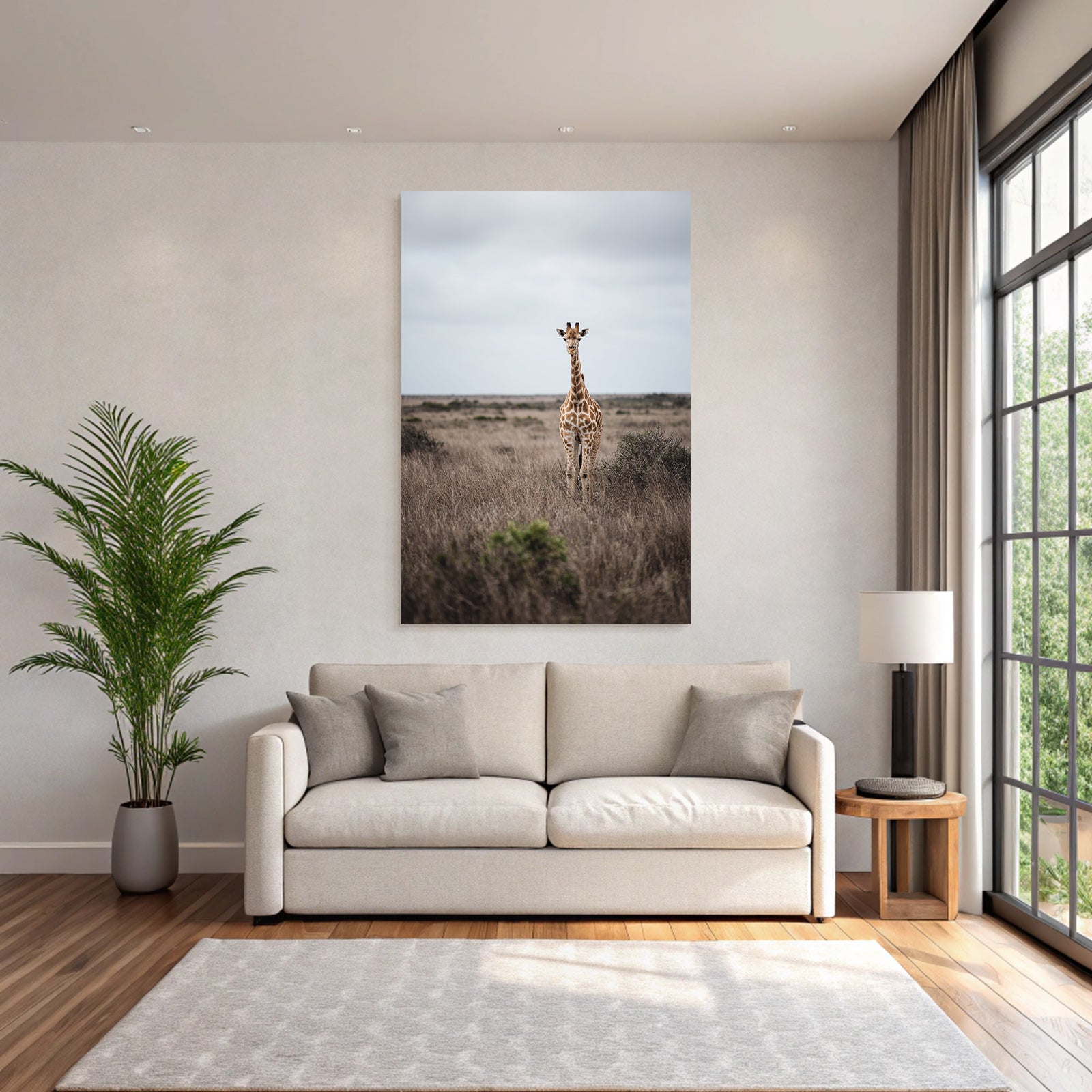 Giraffe Im Grünen Mit Sträuchern Unter Einem Beerigen Himmel