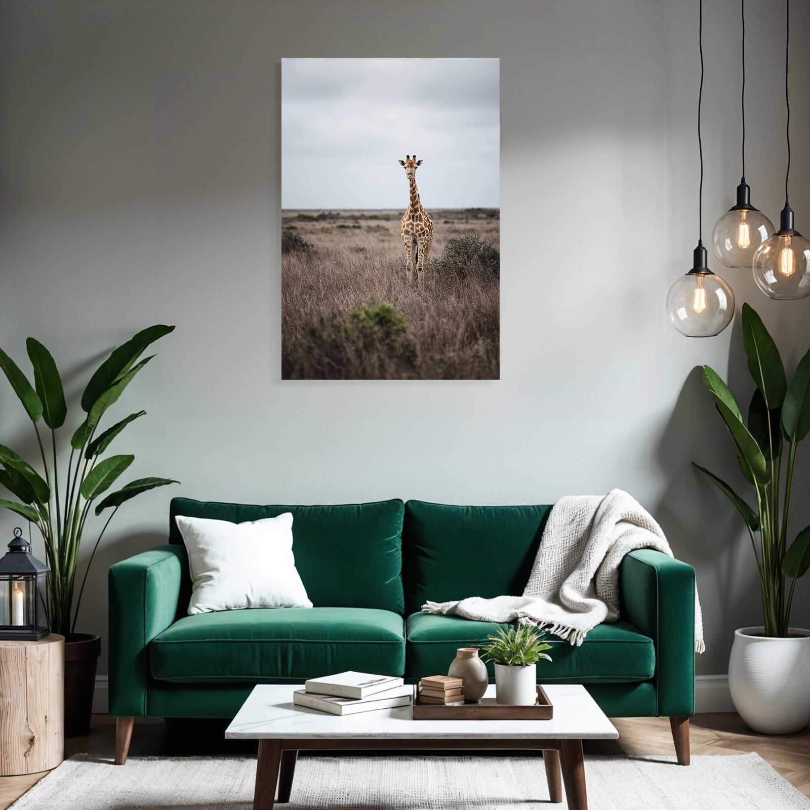 Giraffe Im Grünen Mit Sträuchern Unter Einem Beerigen Himmel