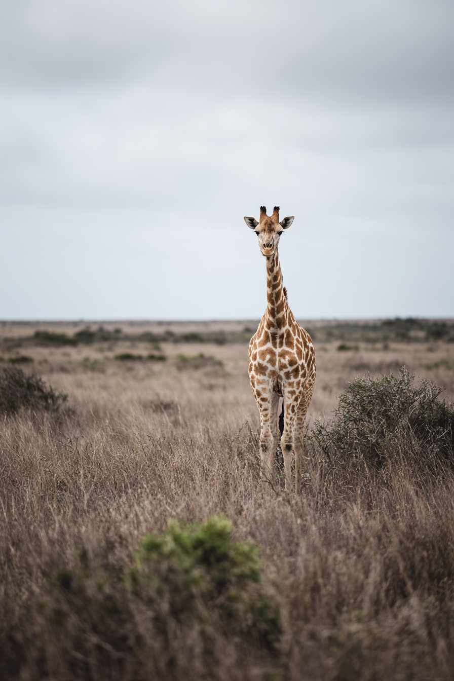 Giraffe Im Grünen Mit Sträuchern Unter Einem Beerigen Himmel | Safari und Wildtiere | Tiere