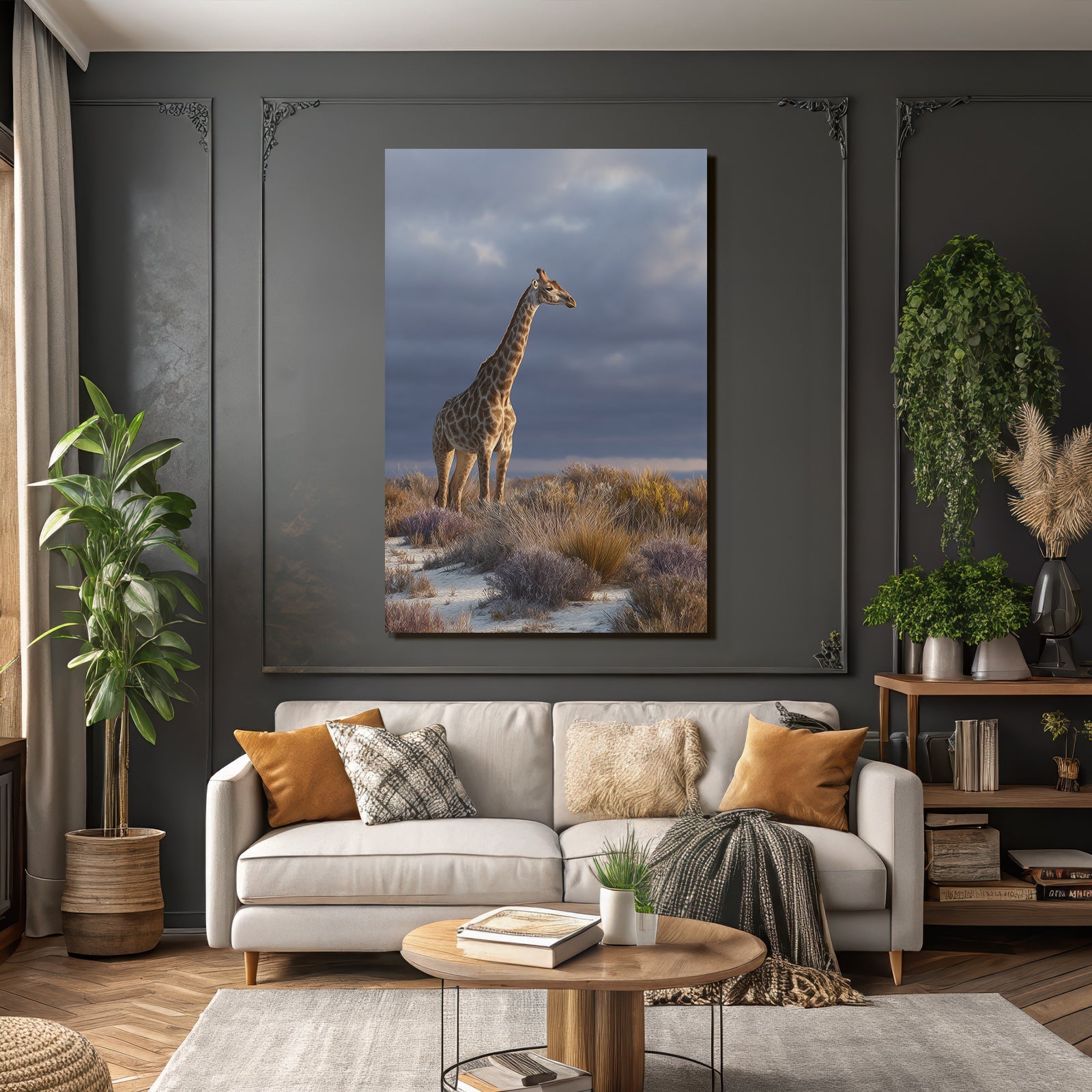 Giraffe Im Natürlichen Habitat Mit Vegetation Und Wolkigem Himmel