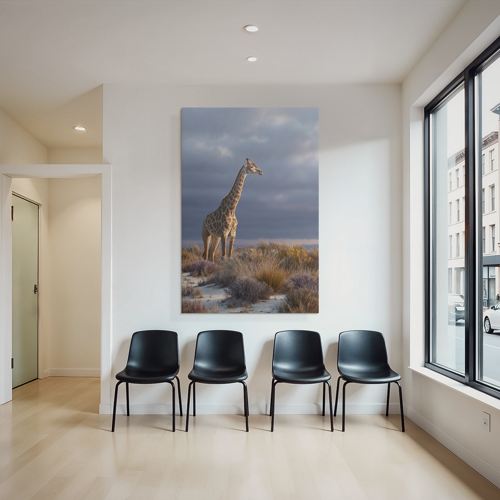 Giraffe Im Natürlichen Habitat Mit Vegetation Und Wolkigem Himmel