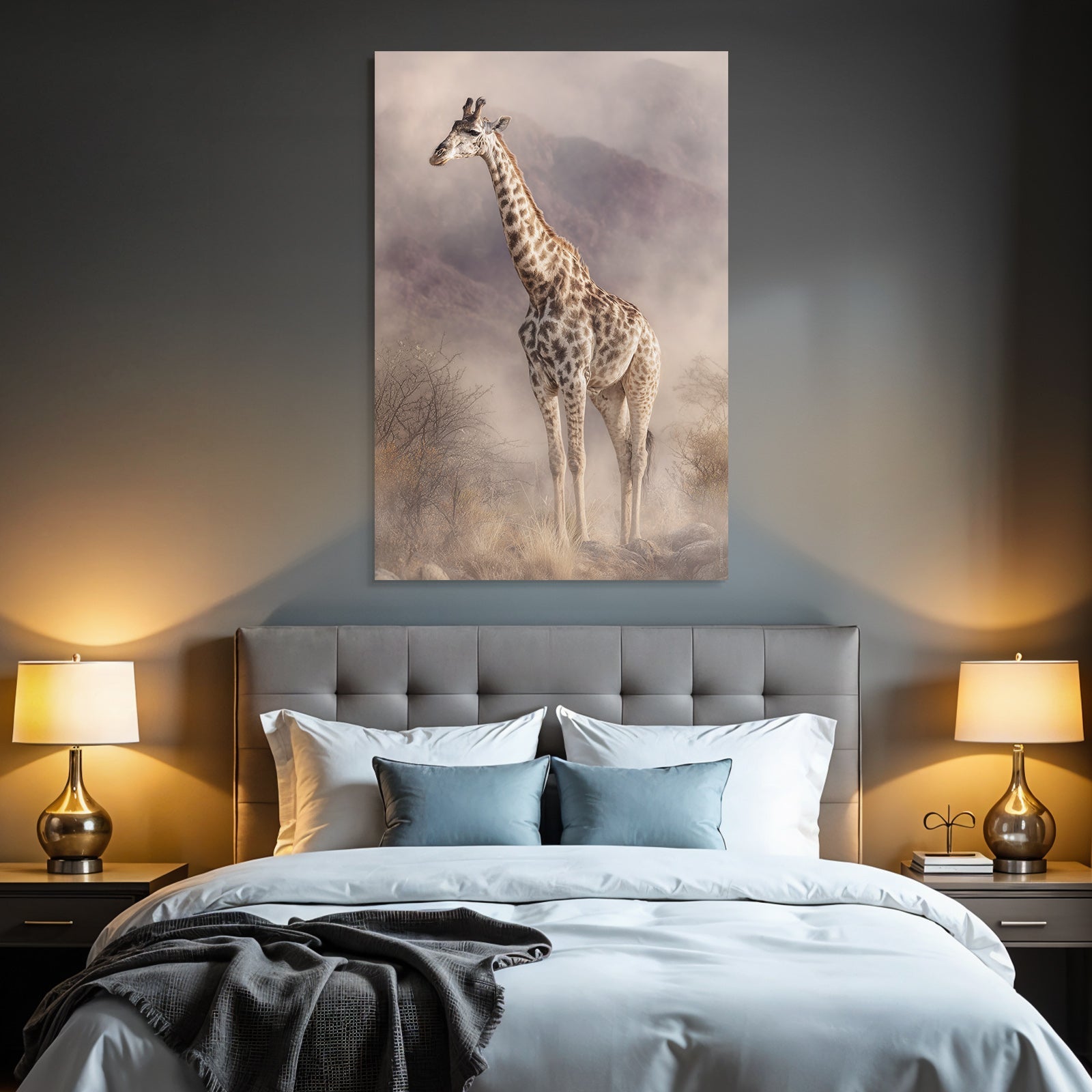 Giraffe Im Nebligen Landscape Mit Felsen Und Folien