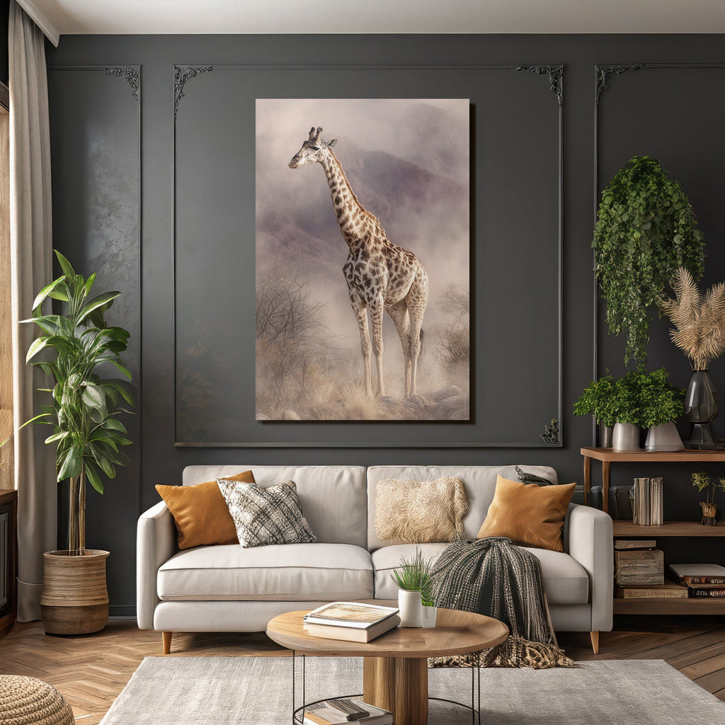 Giraffe Im Nebligen Landscape Mit Felsen Und Folien
